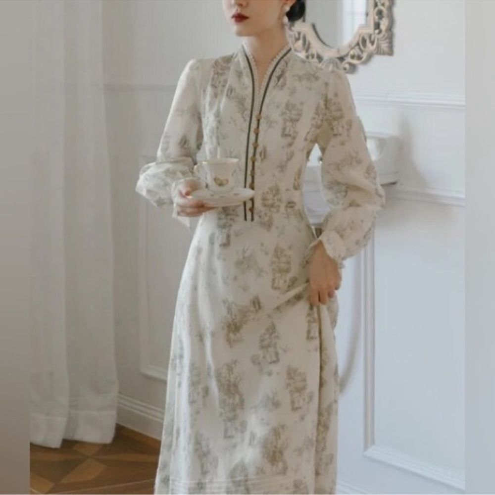 New Simple Retro Lyric Printed Stand Collar Midi Dress